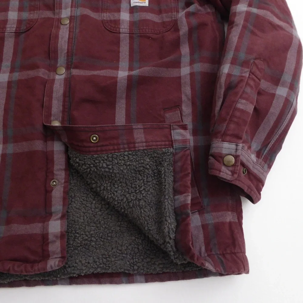 Carhartt 104452 Mens Carhartt Flannel Sherpa-Lined Shirt Jacket Red Plaid Medium